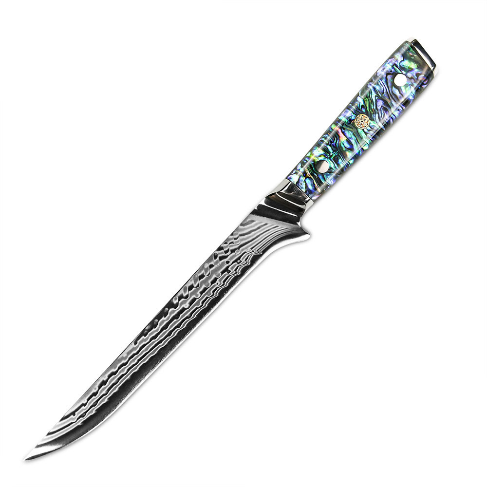 Amber 7 inch Alligator Pattern Damascus Steel Boning fish Knife  with abalone handle