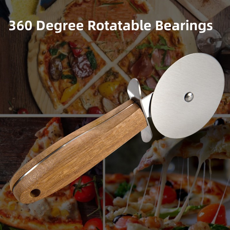 Wholesale Custom Stainless Steel Pizza Cutter Kitchen Pizza Tool Wheel Cutter Wooden Handle Pizza Cutter