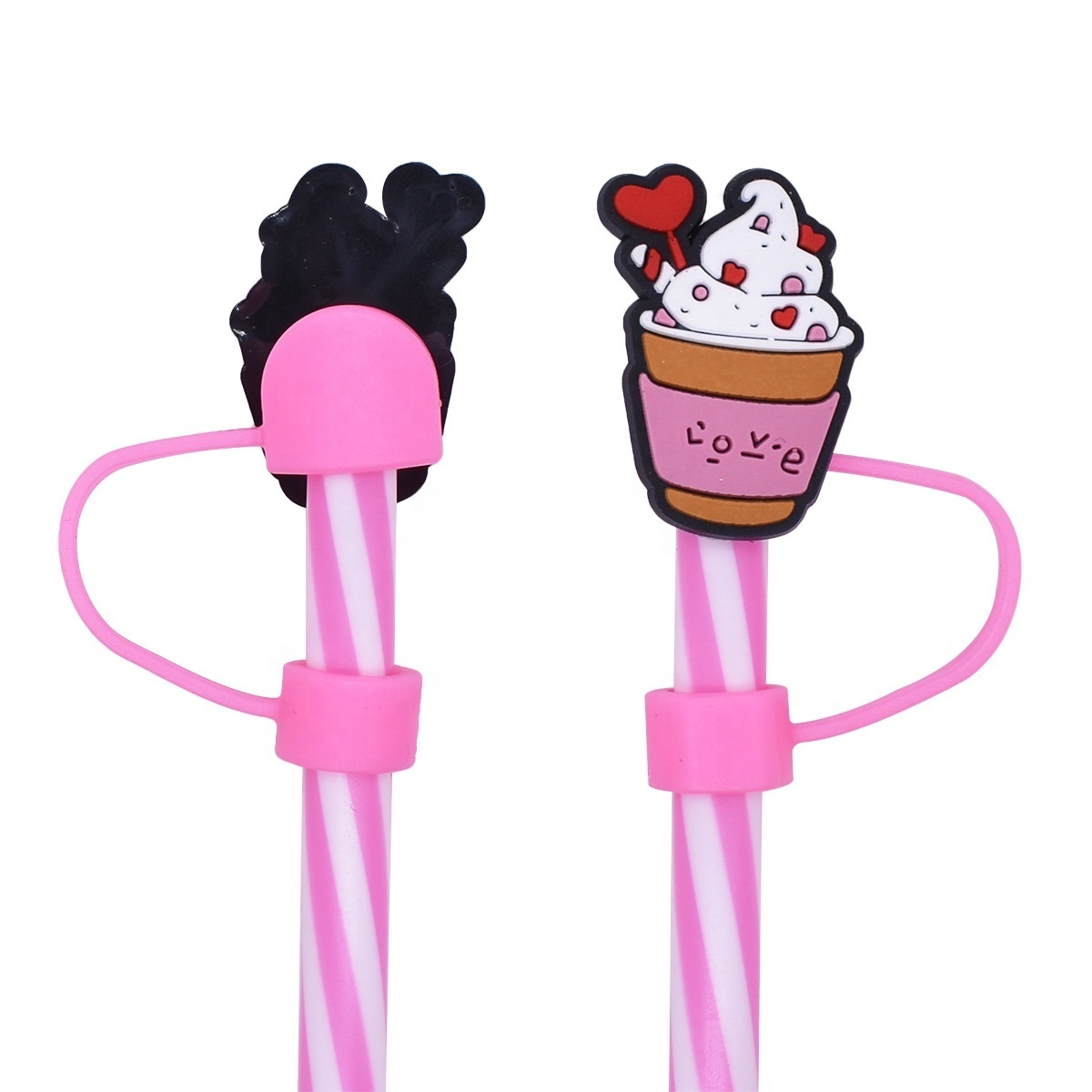 New Reusable Silicone Cute Animal Drinking Straw Topper Wholesale Pink Series Bad Bunny Rubber Straw Charms Toppers