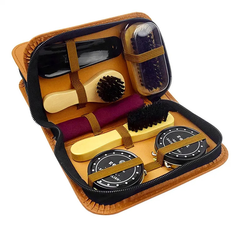 Shoe Shine Tool Care Shoe Cleaning Brown/Black/Blue 7 Piece Travel Shoe Care Set