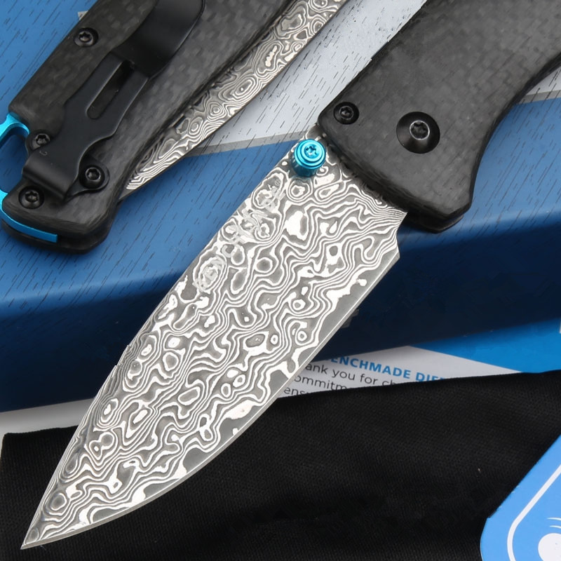 Customized outdoor camping  knife Carbon fiber 535 Damascus steel double  action EDC hunting knife