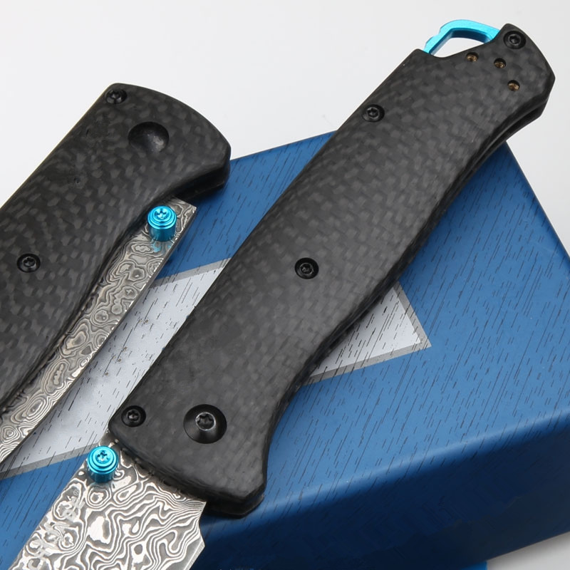 Customized outdoor camping  knife Carbon fiber 535 Damascus steel double  action EDC hunting knife