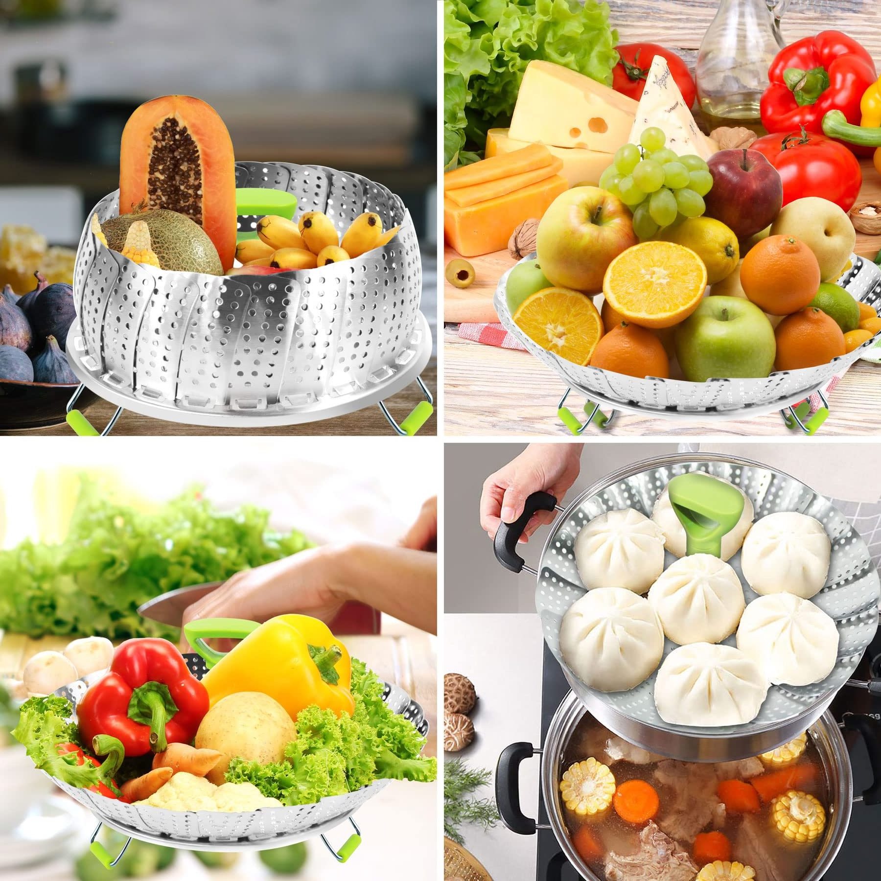 Stainless Steel Collapsible Vegetable Steamer Basket With Handle Folding Expandable Food Steamers to Fits Various Size Pot