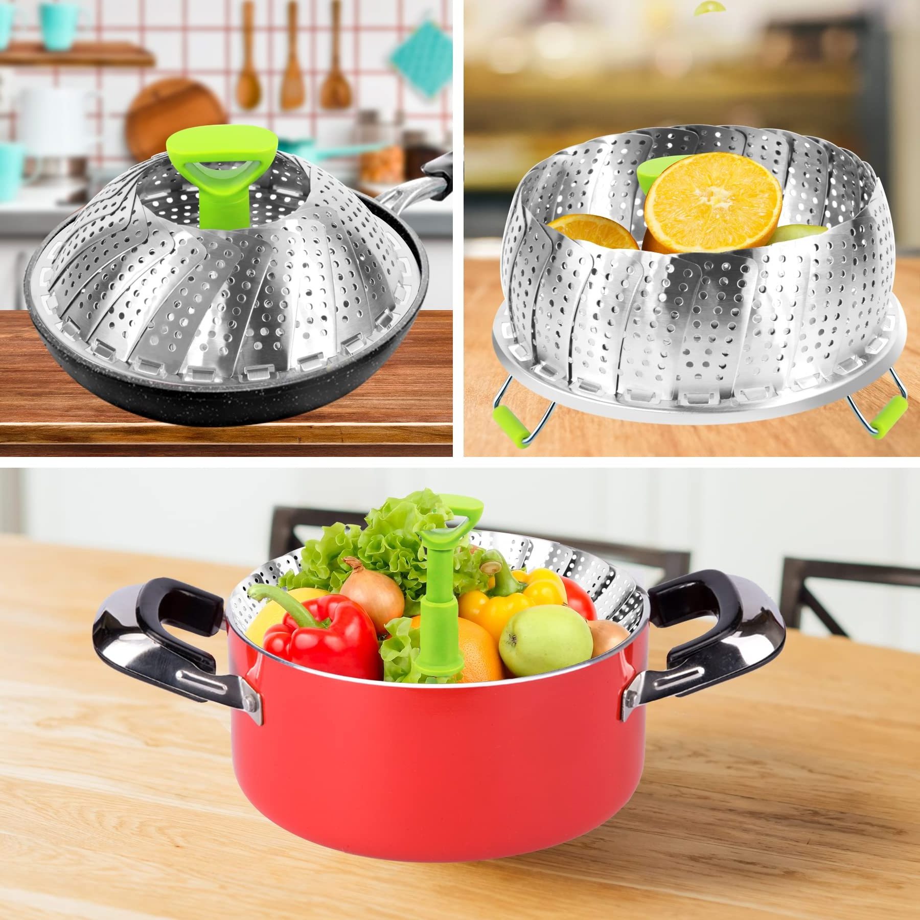 Stainless Steel Collapsible Vegetable Steamer Basket With Handle Folding Expandable Food Steamers to Fits Various Size Pot