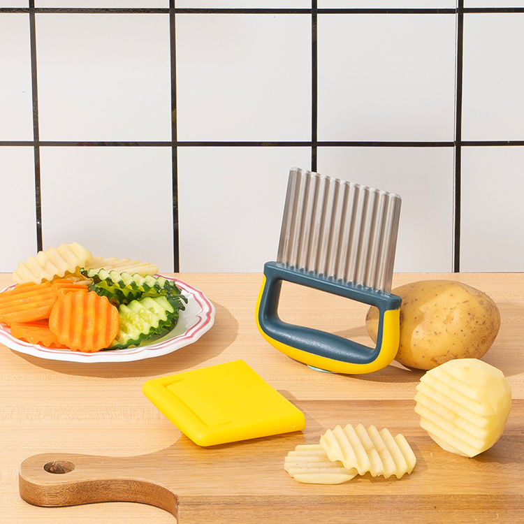 Manual stainless steel potato chip slicer vegetable wavy French Fry Crinkle Potato Fries Cutter With holder  PouchCover