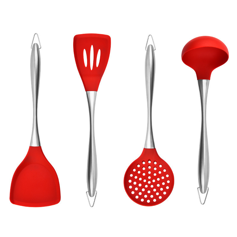 High Quality Silicone  Kitchen Cooking Utensils Set Silicone Turner Spatula Skimmer with Stainless Steel Handle