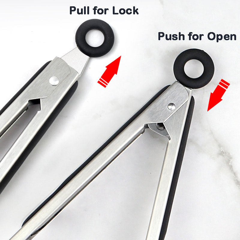 Stainless Steel Set of 3 Heavy Duty Locking Metal Food Tongs for Cooking BBQ  in size 9/12/14 inch