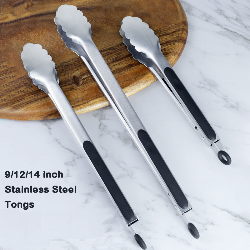 Stainless Steel Set of 3 Heavy Duty Locking Metal Food Tongs for Cooking BBQ  in size 9/12/14 inch