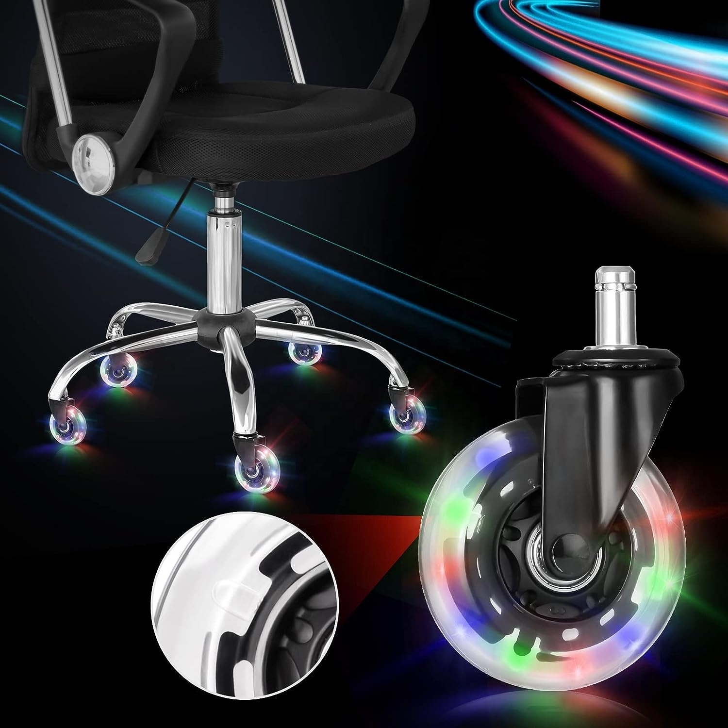 Office Chair Caster with RGB Color Changing Lights 3 Inch Twin Ball Bearing Replacement Gaming Chair casters Silicone wheels