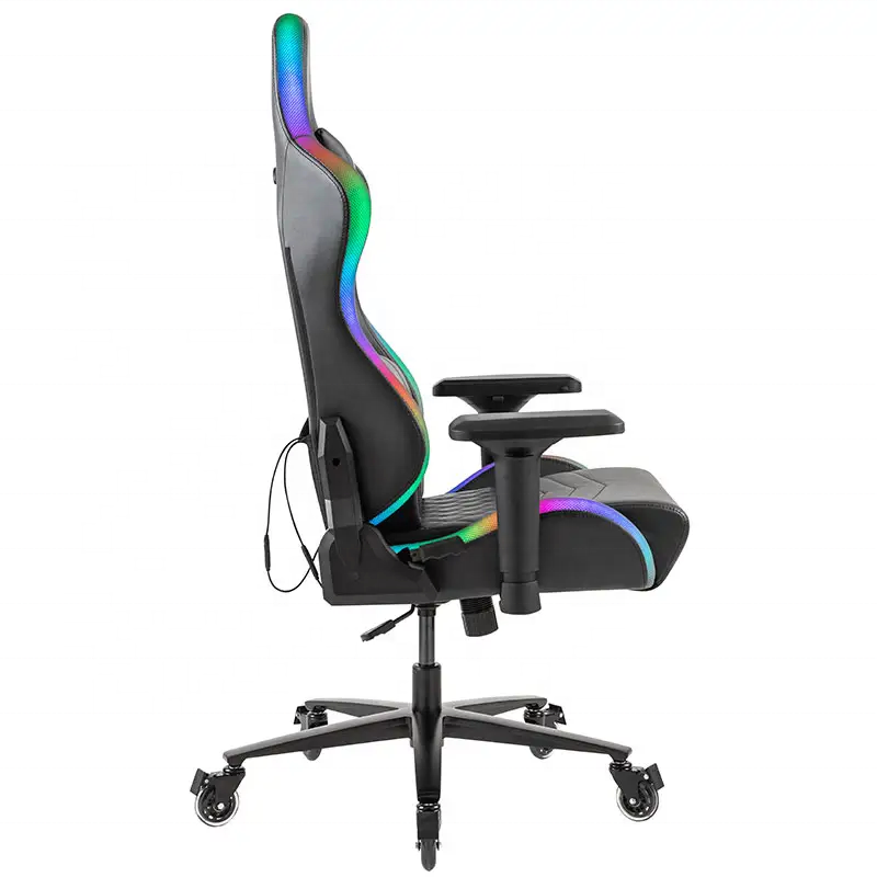 Luxury Free Sample Reclining Leather Massage Sedia Racing Gamer Spain Oyuncu Koltugu Black Gaming Chair with RGB Rubber Wheels