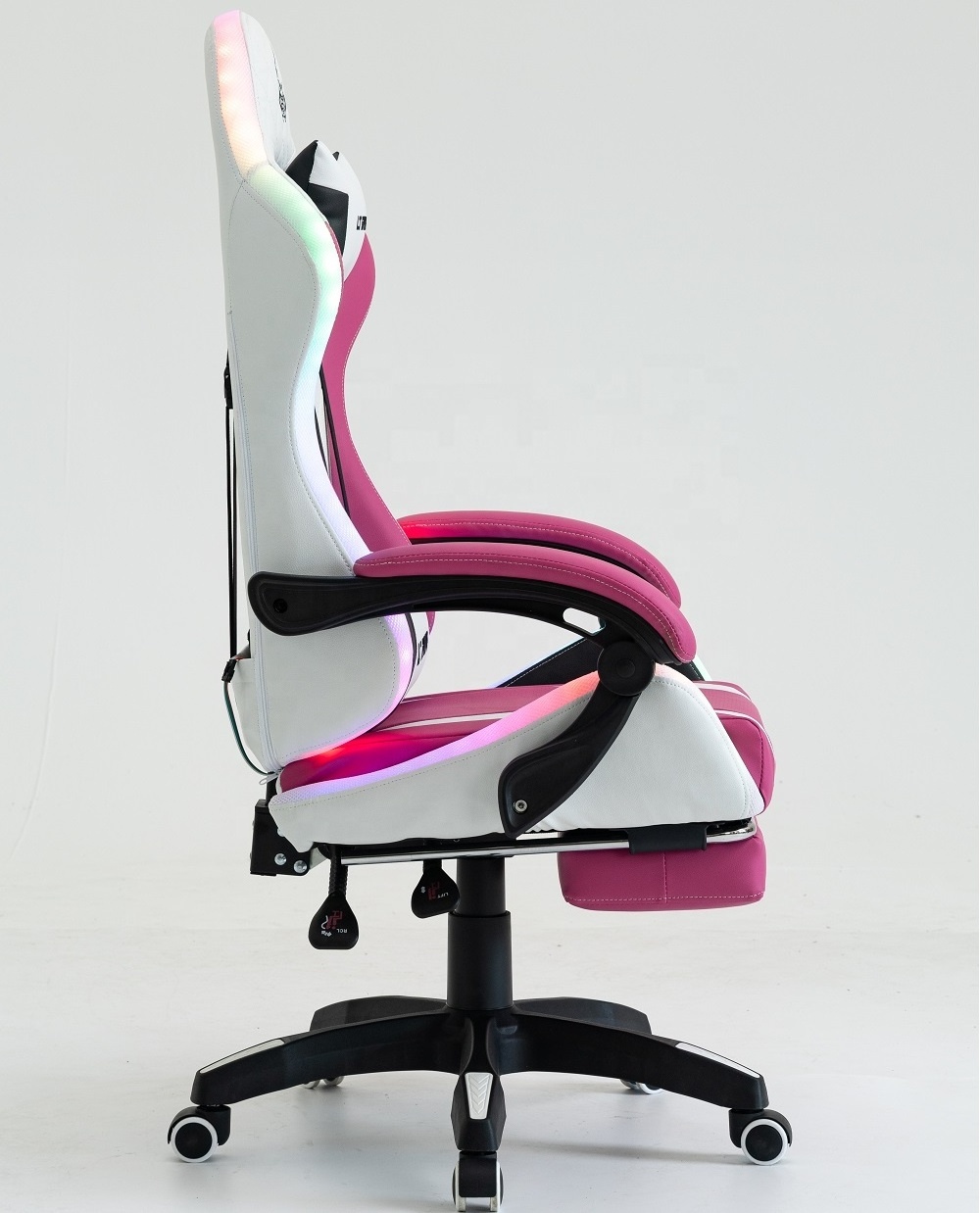 Hellos Home Office Cute Cat Kitty Rose Pink RGB Gaming Chair RGB Breathable Backrest Pink White LED Gaming Chair with Footrest