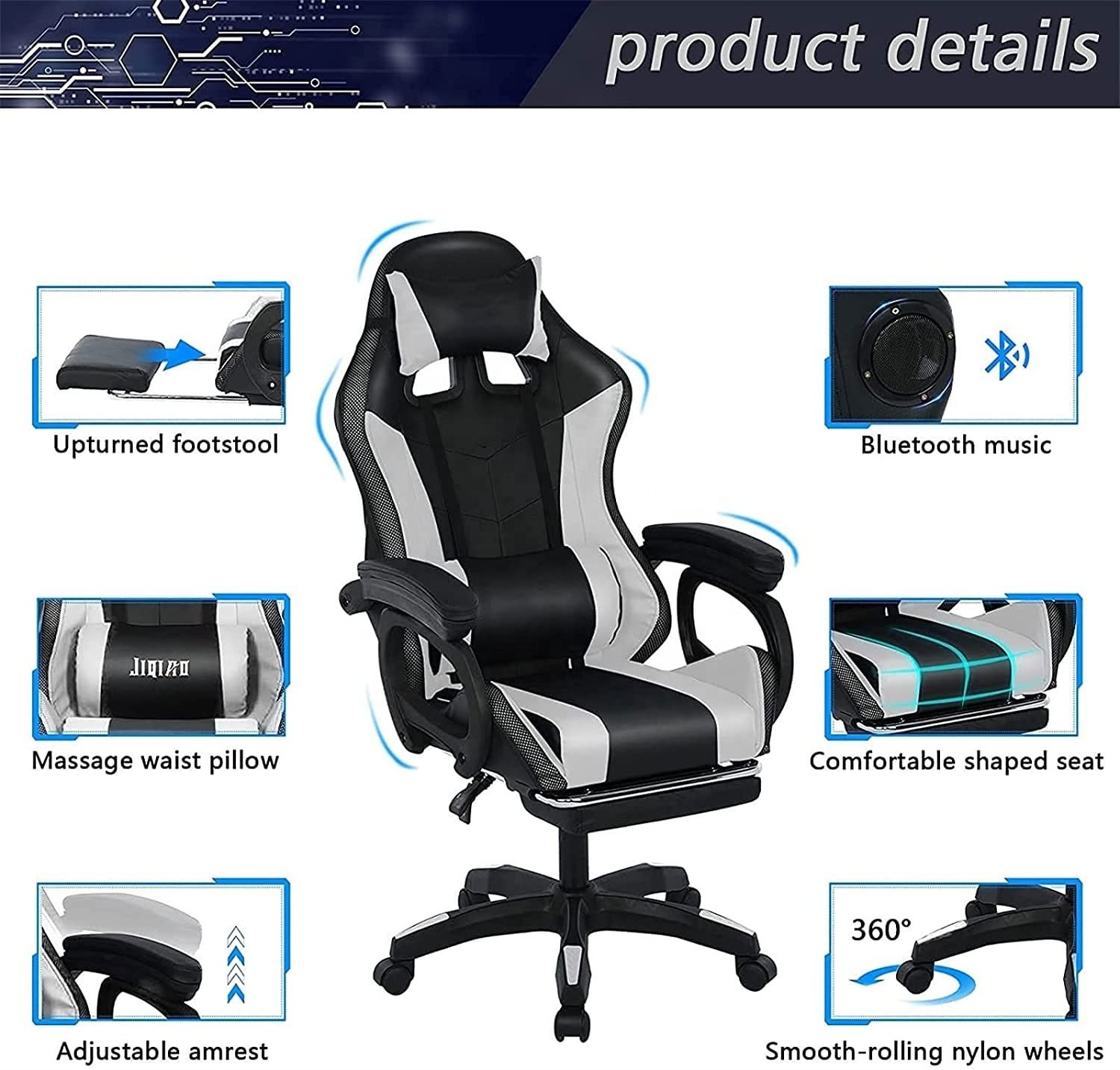 Free shipping black pu speakers gaming chair cheap full massage lumbar pro gamer chair colorful rgb lights led silla gaming