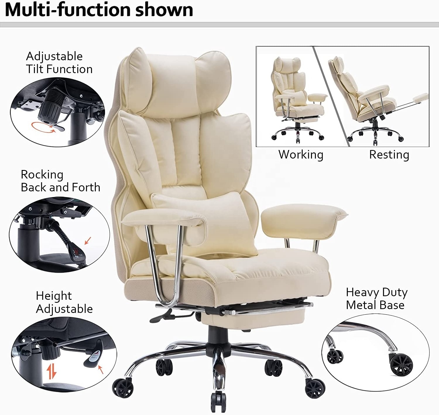 High Back PU Leather Silla Escritorio Computer Comfortable Executive Swivel Manager Beige Boss Office Chair with Lumbar Support