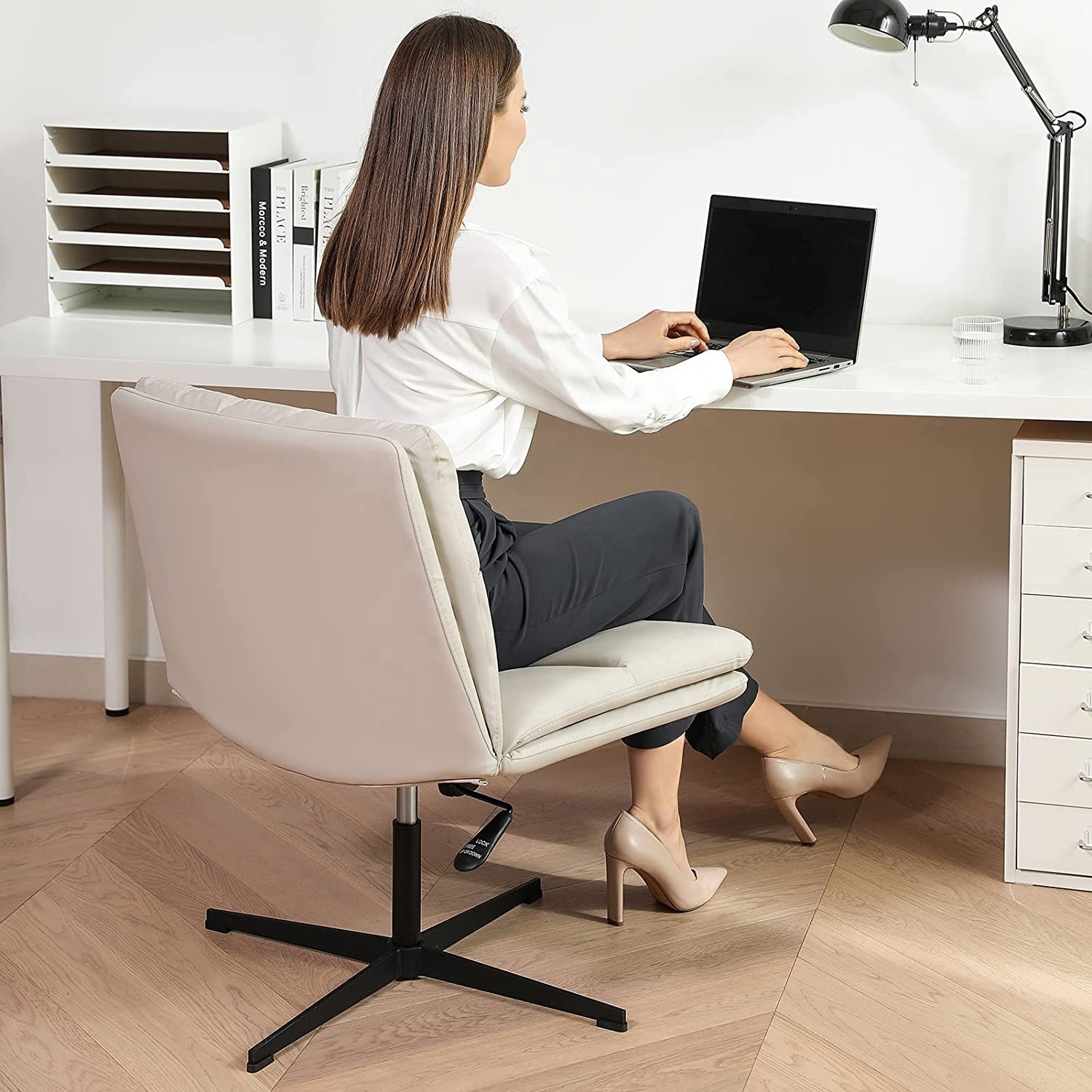 White Armless Office Desk Chair No Wheels PU-Padded Vanity Chair Mid-Back Ergonomic Home Office Computer Chair Bar Stools White