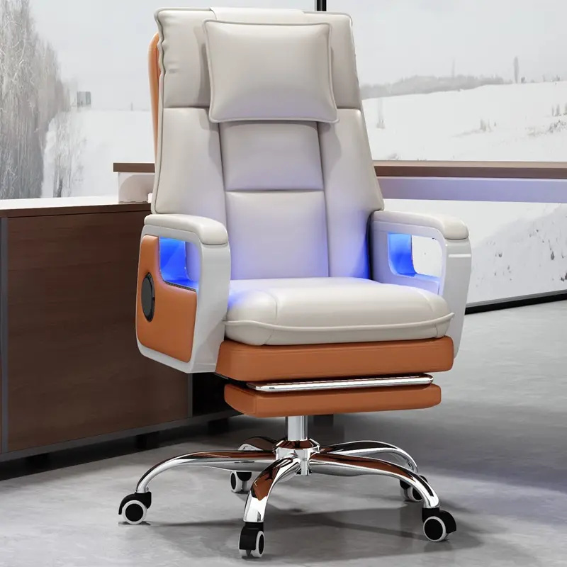 Luxury Comfortable Light Speaker Neck Support Computer Chair White Big Boss Leather Executive Ergonomic Office Chair for Sale