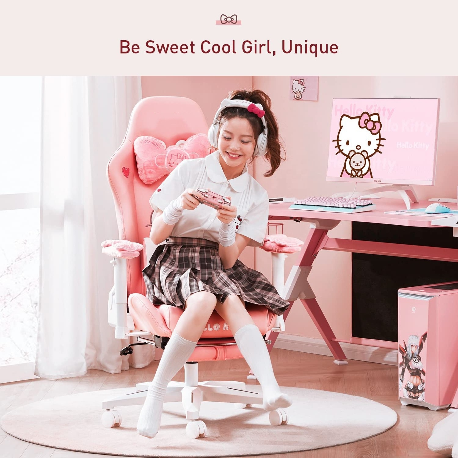 Rocking Adjustable Women Auto Gamer Full Cute Cat Rosa Gaming Chair Cute Pattern Silla Gamer Pink with Bowknot  Headrest