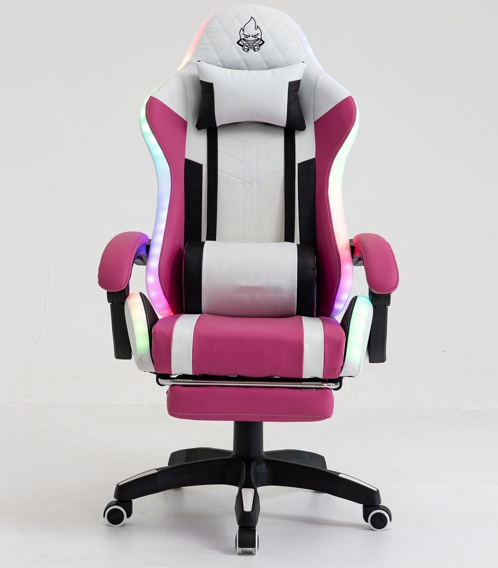 Hellos Home Office Cute Cat Kitty Rose Pink RGB Gaming Chair RGB Breathable Backrest Pink White LED Gaming Chair with Footrest