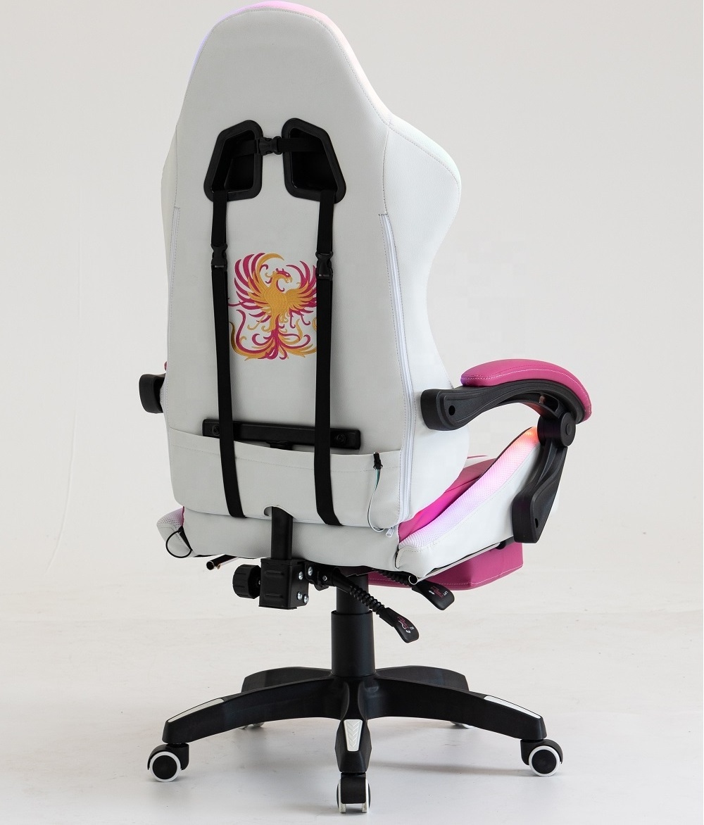 Hellos Home Office Cute Cat Kitty Rose Pink RGB Gaming Chair RGB Breathable Backrest Pink White LED Gaming Chair with Footrest