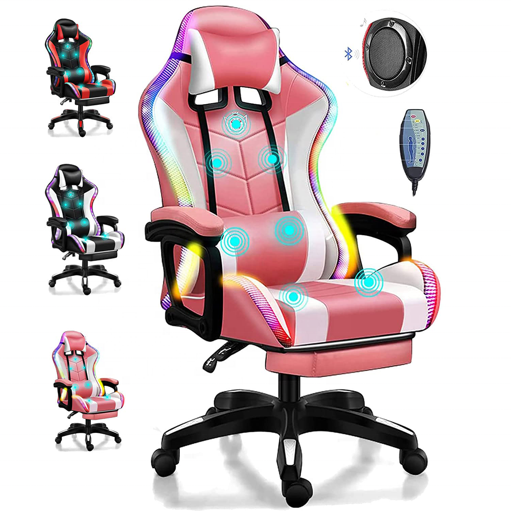 Free shipping black pu speakers gaming chair cheap full massage lumbar pro gamer chair colorful rgb lights led silla gaming