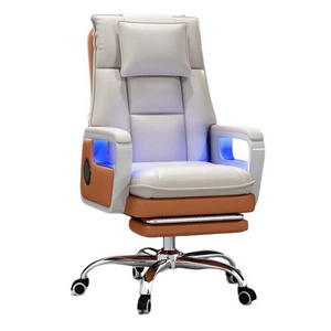 Luxury Comfortable Light Speaker Neck Support Computer Chair White Big Boss Leather Executive Ergonomic Office Chair for Sale