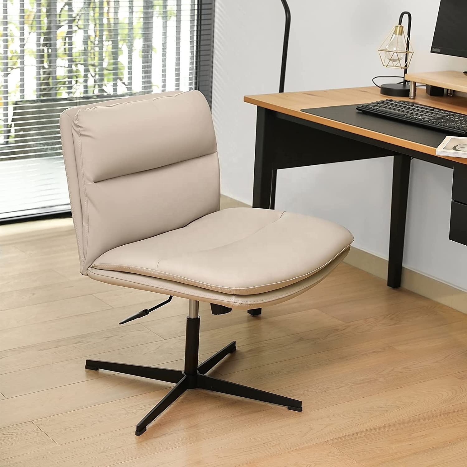 White Armless Office Desk Chair No Wheels PU-Padded Vanity Chair Mid-Back Ergonomic Home Office Computer Chair Bar Stools White