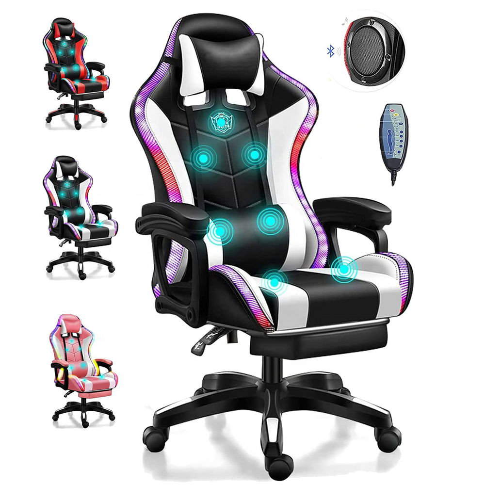 Free shipping black pu speakers gaming chair cheap full massage lumbar pro gamer chair colorful rgb lights led silla gaming