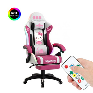 Hellos Home Office Cute Cat Kitty Rose Pink RGB Gaming Chair RGB Breathable Backrest Pink White LED Gaming Chair with Footrest