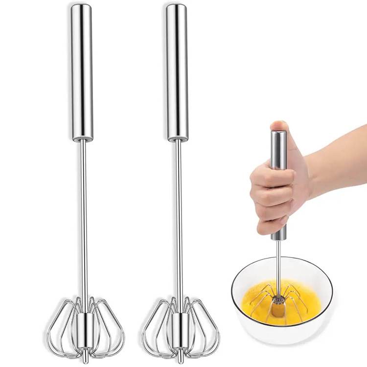 Hot Sell 10'' 12'' 14'' Rotary Egg Beater Manual Semi Automatic Rotating Stainless Steel Wire Egg Mixer Push Spinning Whisk