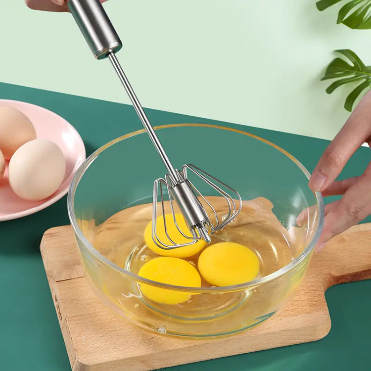 Hot Sell 10'' 12'' 14'' Rotary Egg Beater Manual Semi Automatic Rotating Stainless Steel Wire Egg Mixer Push Spinning Whisk