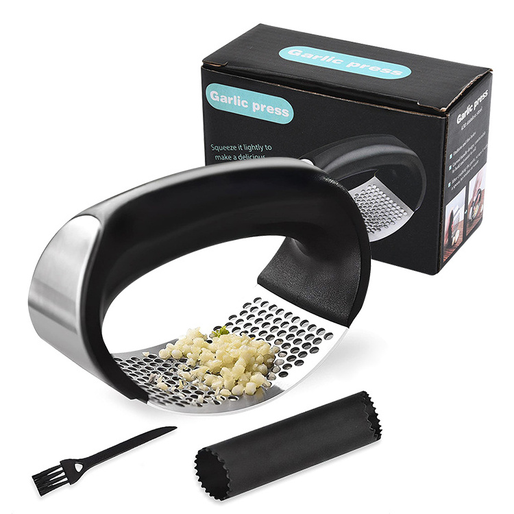 Multi-function 304# Manual Garlic Rocker Presser Kitchen Silicone Garlic Peeler and Stainless Steel Garlic Press Set