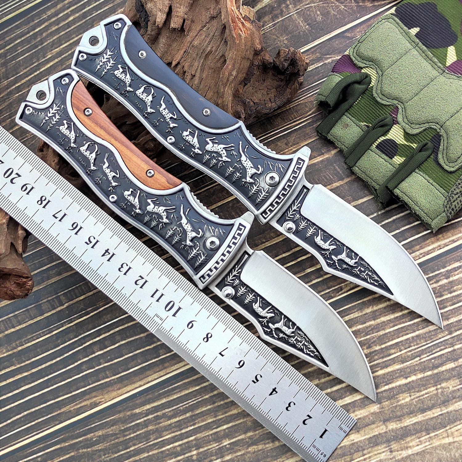 2024 New Style Folding Pocket Knife Self-Defense Knives with wooden handle and animal pattern