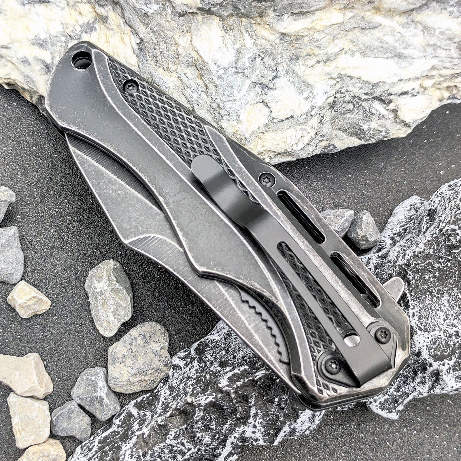 Folding Pocket Knife Stone Wash Steel Handle Hunting Survival Outdoor with Belt Cilp Knife Hand Tools