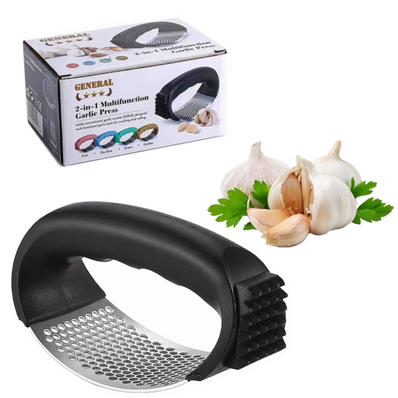 Food Grade Hot Sale Kitchen Gadget Rocker Plastic Handle Stainless Steel Garlic Press