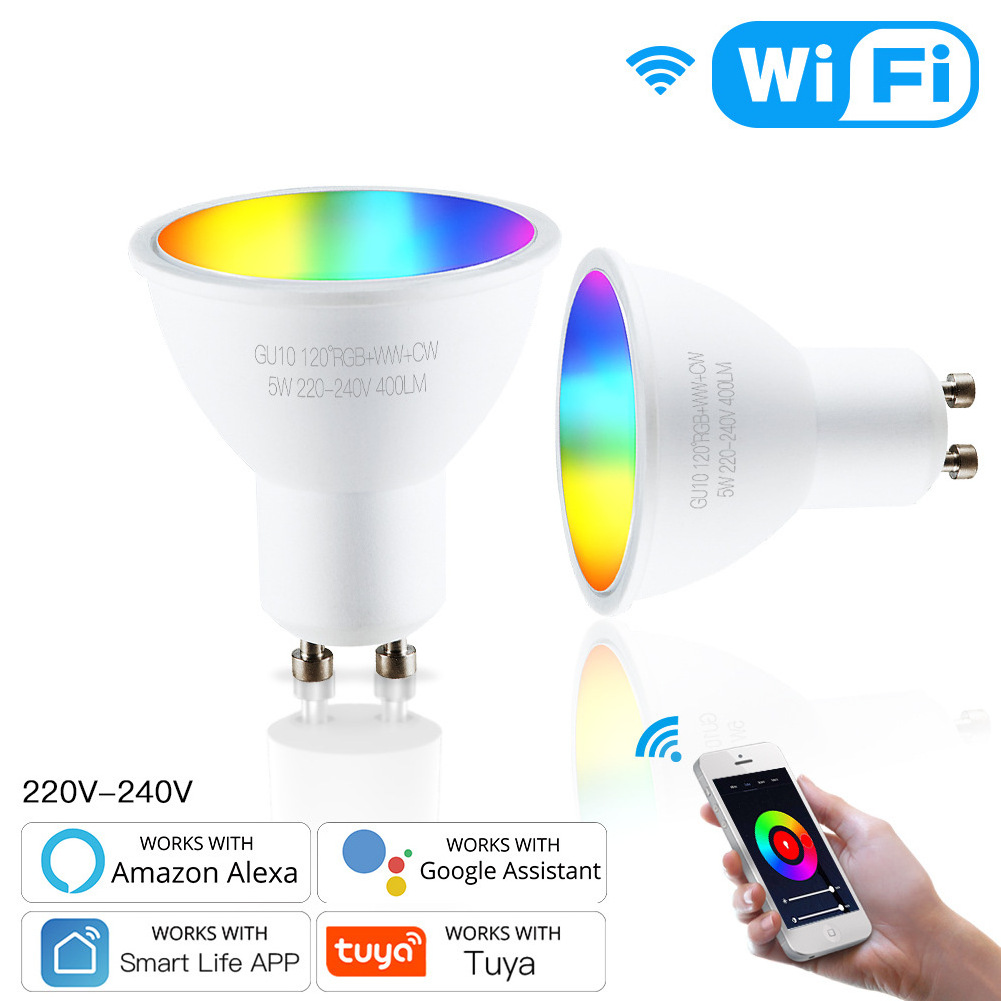 Tuya WiFi GU10  Smart Light LED Bulbs RGBCW 5W Dimmable Lamps Smart Life Remote Control Work with Alexa Google Home