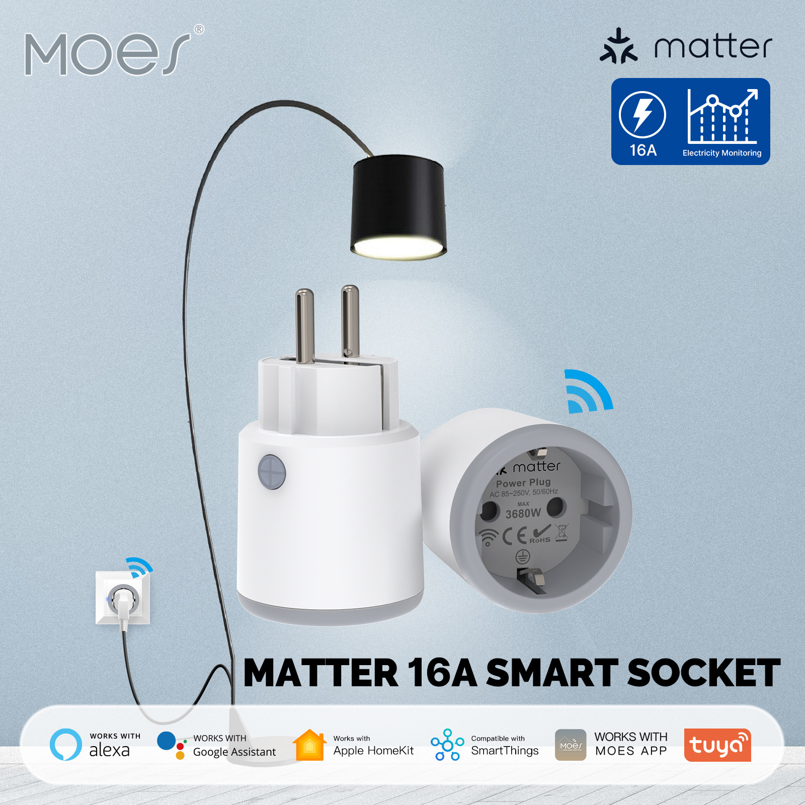 2024 New 15A Power Monitor Smarthings Homekit Smart Home System Matter Wifi EU Socket Plug