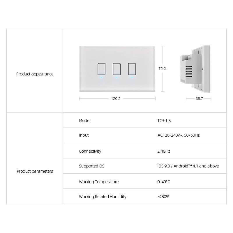 Broadlink TC3 US 3gang Wifi Touch Light Switch Smart Remote Control Alexa Google Home Voice Live Wire Connection No Need Neutral