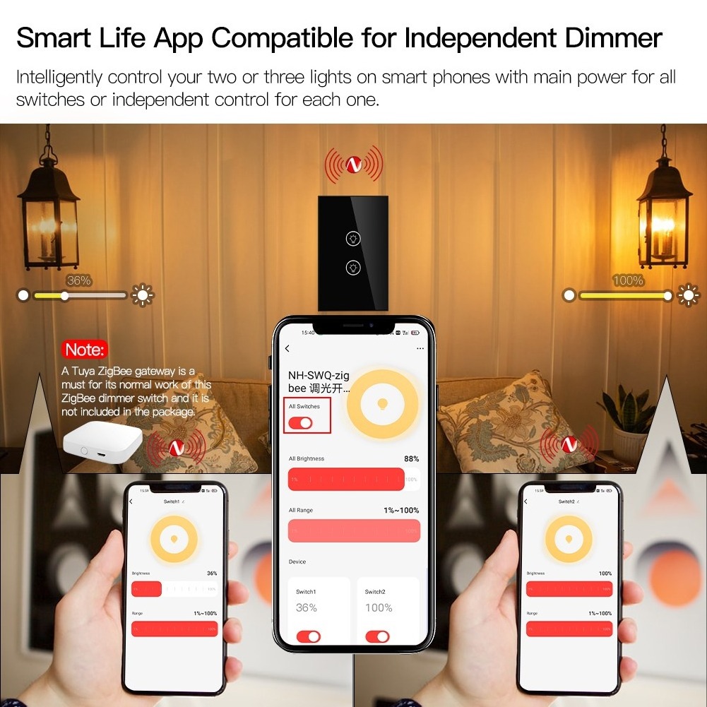 Tuya 1/2/3 Gang ZigBee Smart Light Dimmer touch Switch Independent Control Smart Tuya APP Control Works with Alexa Google Home