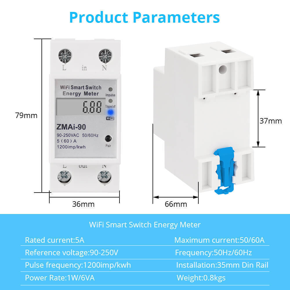 Tuya Smart  Din Rail Wifi Power Meter Single Phase Digital LCD screen Smart Wifi Prepaid Electric Energy Meter