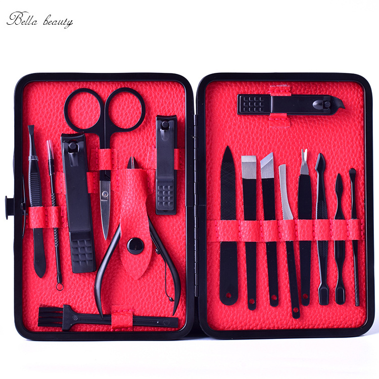 Professional 16-Piece Stainless Steel Manicure Pedicure Set Customized Black Nail Clipper Kit PU Case High Quality Beauty Tool