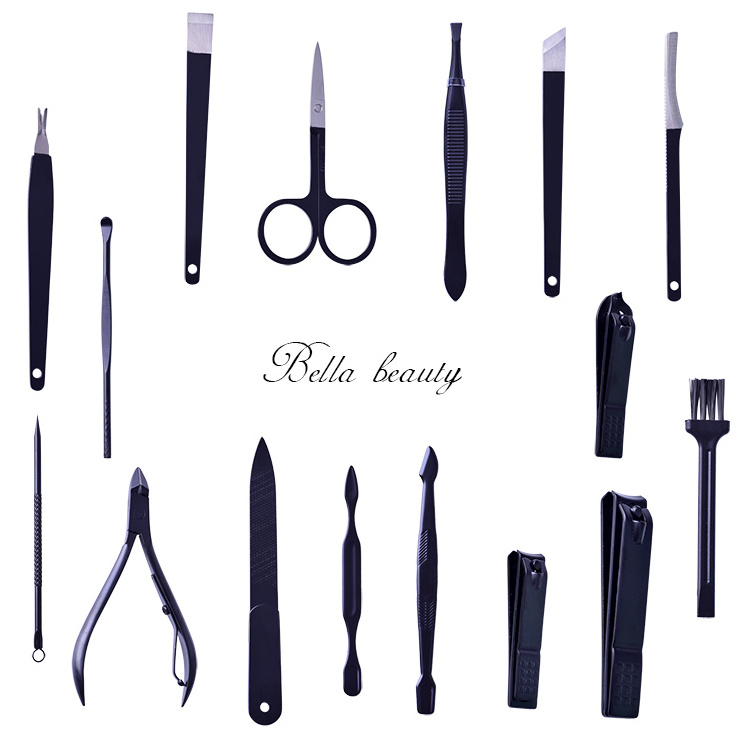 Professional 16-Piece Stainless Steel Manicure Pedicure Set Customized Black Nail Clipper Kit PU Case High Quality Beauty Tool