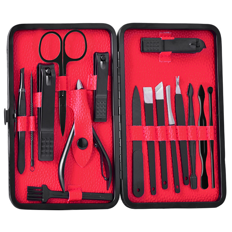 Professional 16-Piece Stainless Steel Manicure Pedicure Set Customized Black Nail Clipper Kit PU Case High Quality Beauty Tool