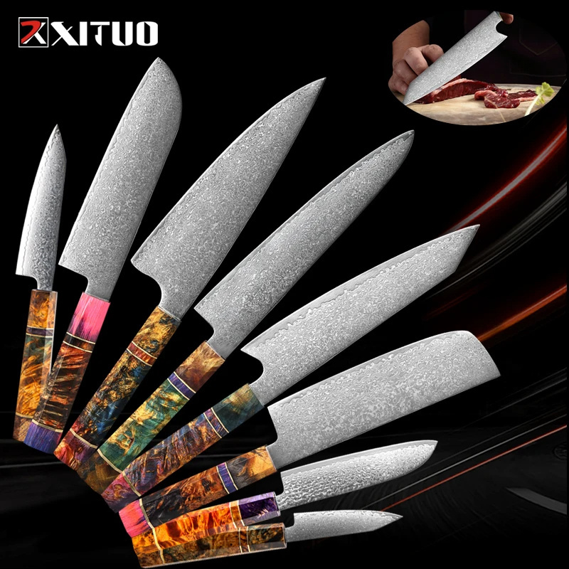 Damascus Kitchen Knife Set  Full Tang Quenching forgingJapanese Damascus Steel Knife vg10 Cooking Fillet Fish Chef Knife