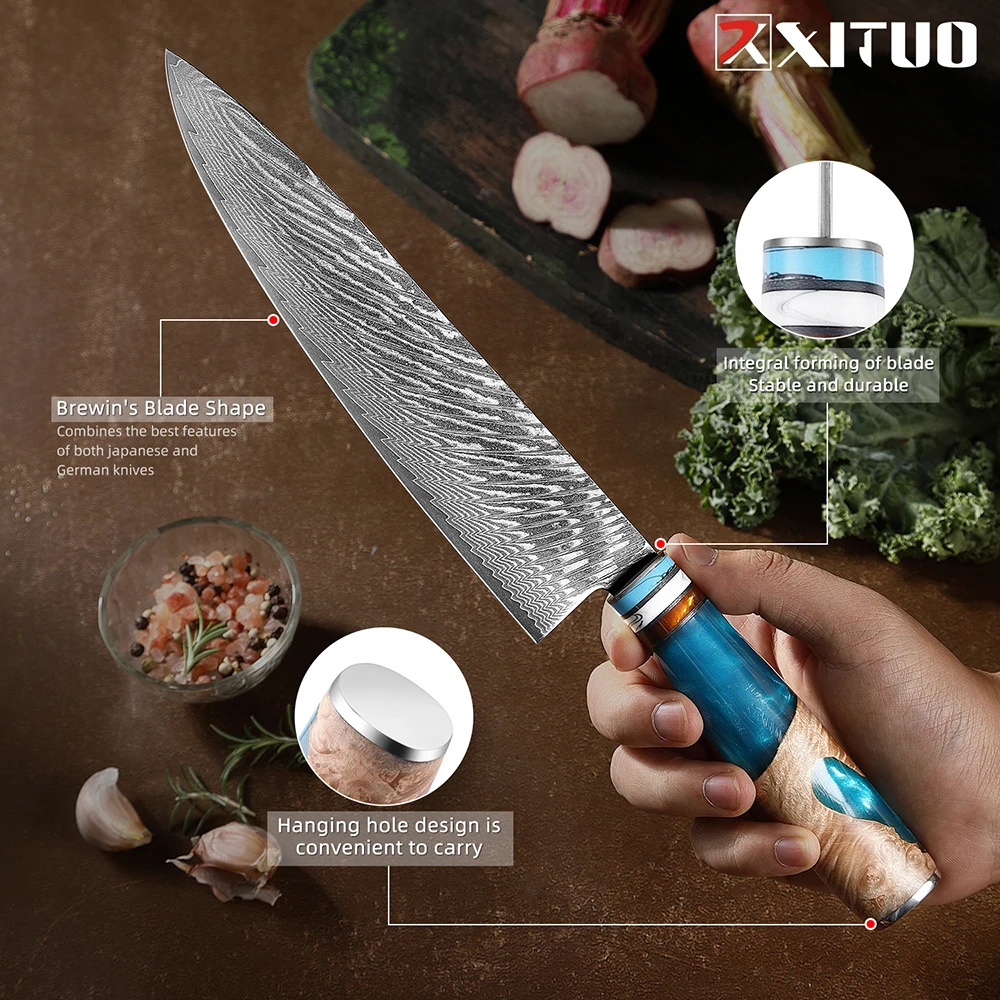 XITUO Damascus Super Steel Boning Knife 6 Inch Flexible Fillet Knives Sharp Full Tang Wood & Resin Handle Fish Filleting Knife