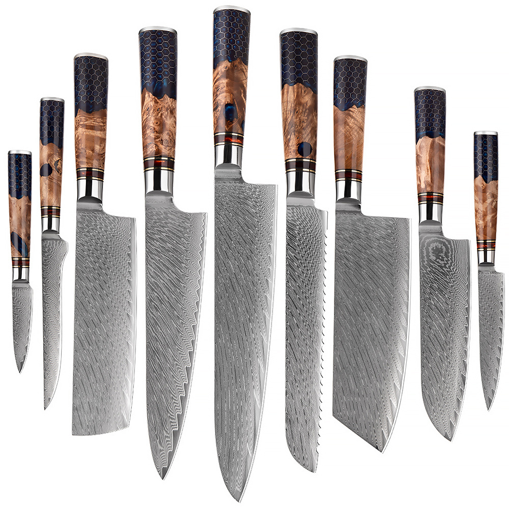 Kitchen Knives Set 67 Layer Damascus Steel Chef knife Sharp Cut Meat Vegetables Kitchen Utility Blue Resin Handle 1-9 PCS