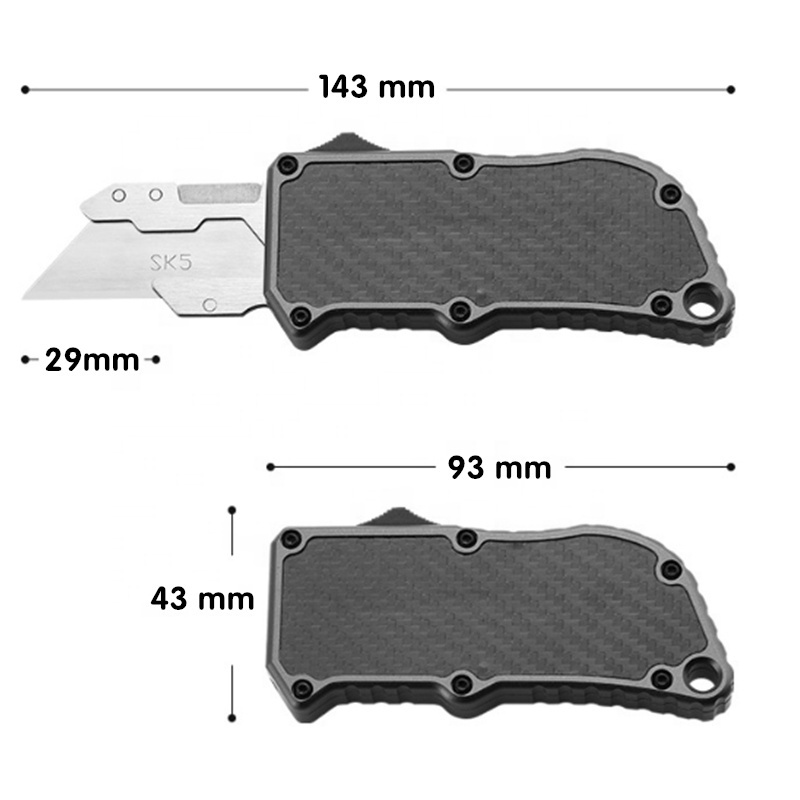 UK-1706 Pocket EDC Aluminum Alloy Shell Double Action 5 Extra Blades Automatic Razor Knife OTF Box Cutter