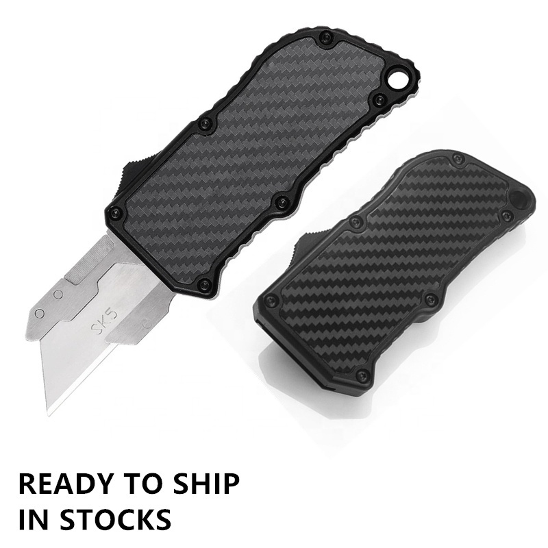 UK-1706 Pocket EDC Aluminum Alloy Shell Double Action 5 Extra Blades Automatic Razor Knife OTF Box Cutter