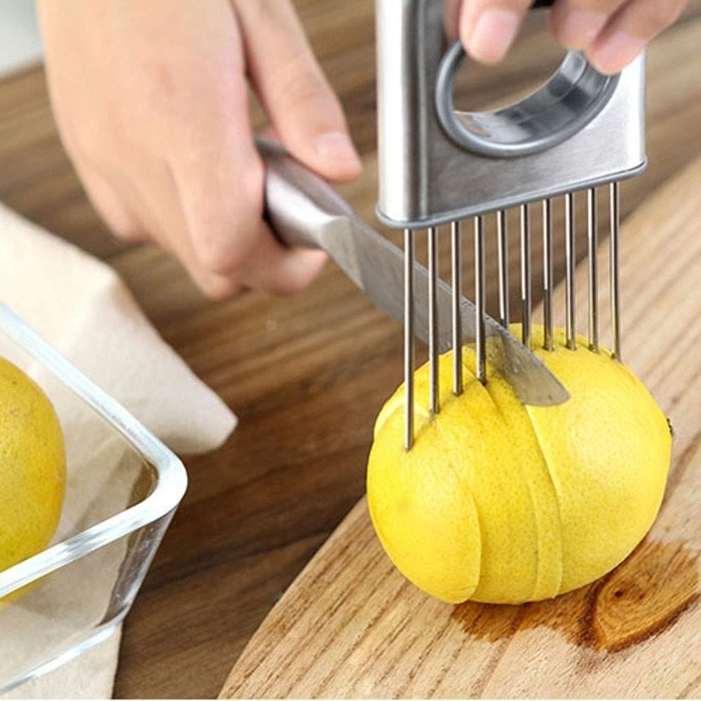 Stainless steel onion vegetable potato cutter slicer holder chopper slicing gadget kitchen tool with finger guard