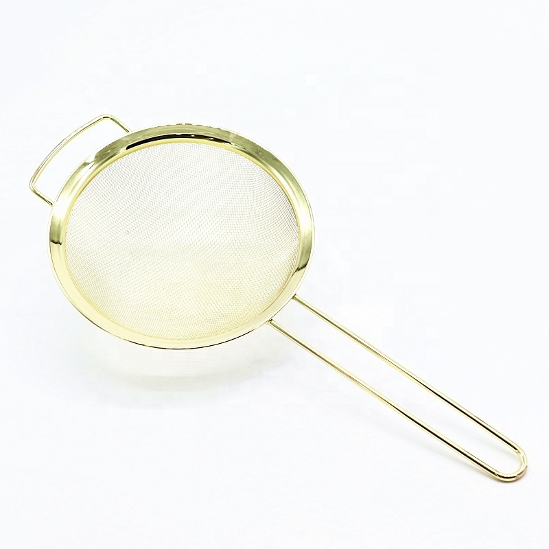 Gold plated stainless steel  fine mesh kitchen strainer colander sieve with long handle