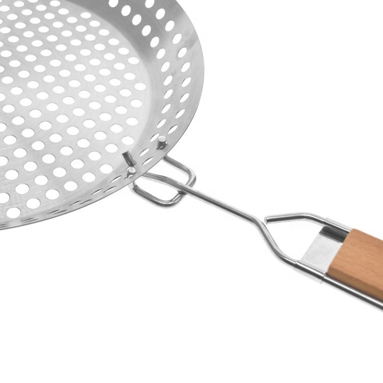 Stainless Steel Grill Skillet with Copper Non-Stick Coating Easily Cleaned and Heat Resistant Removable Wooden Handle