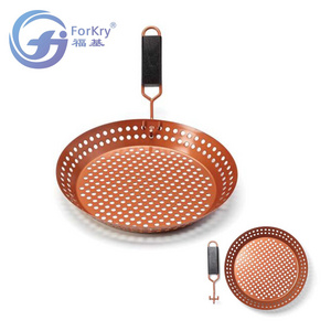 Stainless Steel Grill Skillet with Copper Non-Stick Coating Easily Cleaned and Heat Resistant Removable Wooden Handle